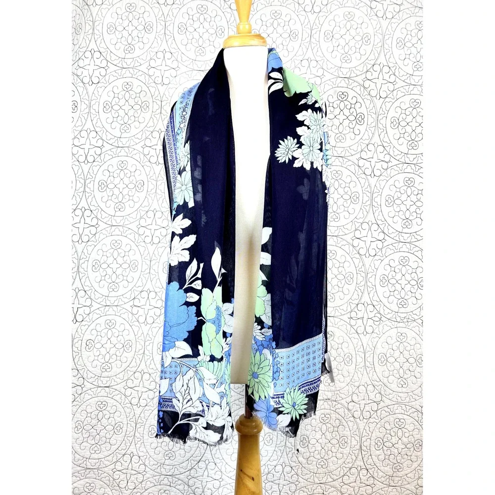 Talbots Womens Black Floral Wrap Scarf Shawl Blue Green Asian Botanical‎ 72x27